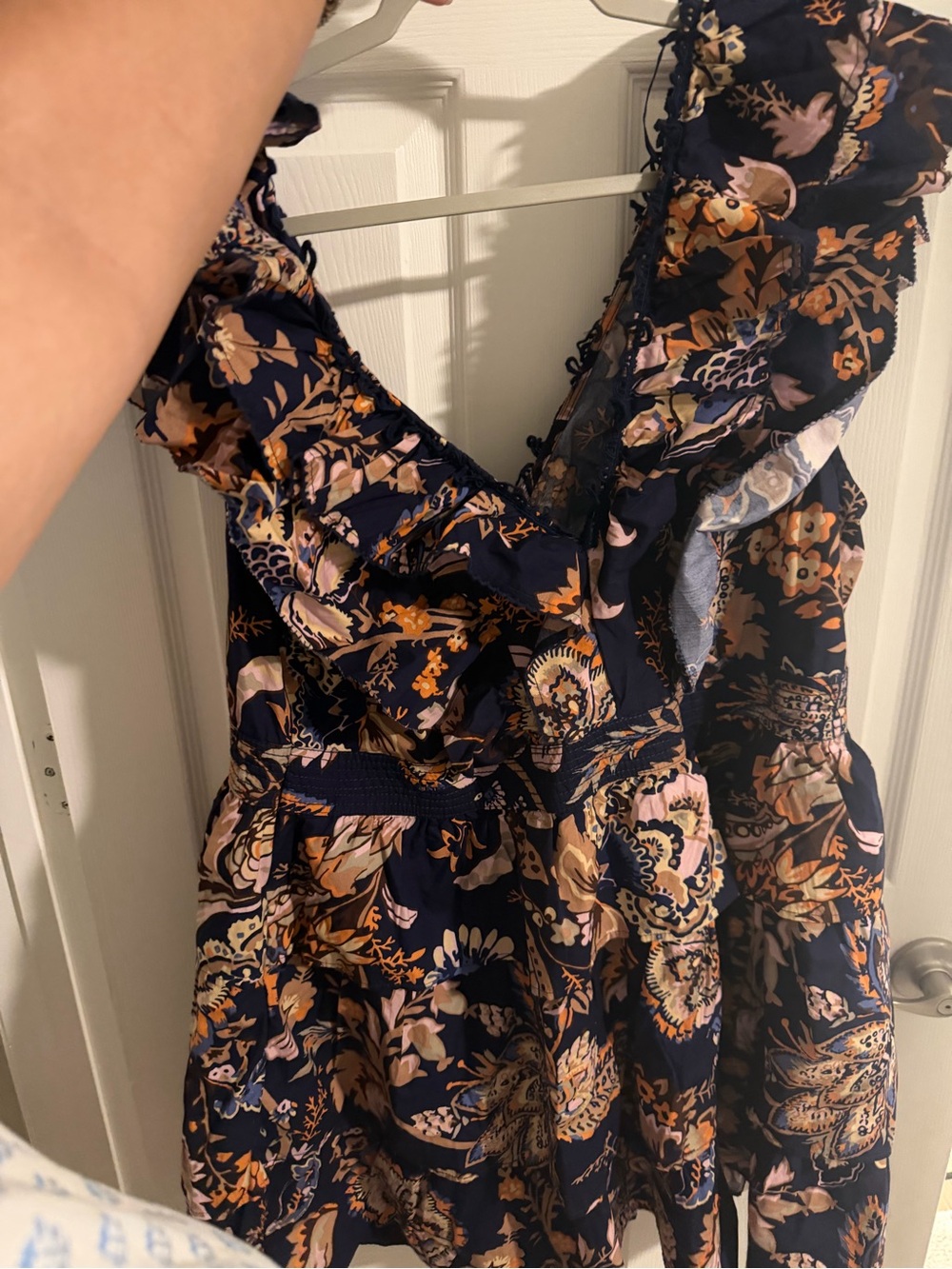 Anthropologie Navy Floral Ruffle V-Neck Tiered Mini Dress - Picture 2 of 2